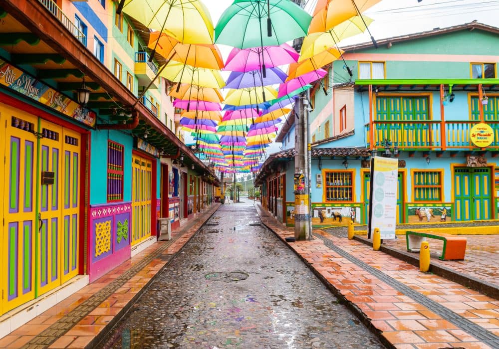 colorful street of guatape town in antioquia district, colombia.
