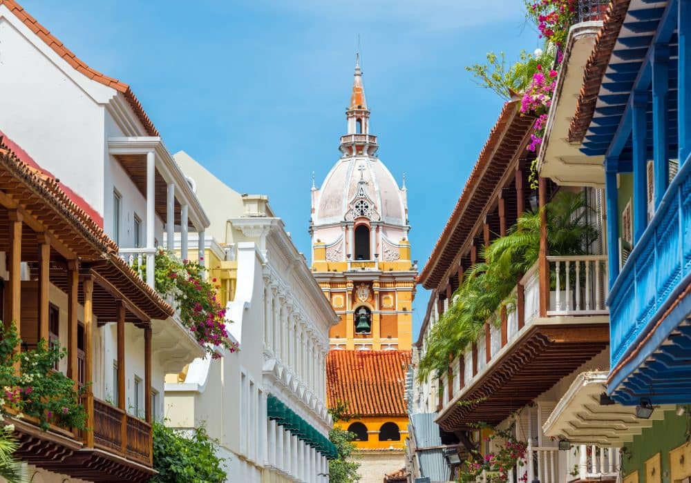 View of balconies leading to the stunning cathedral in Cartagena, Colombia